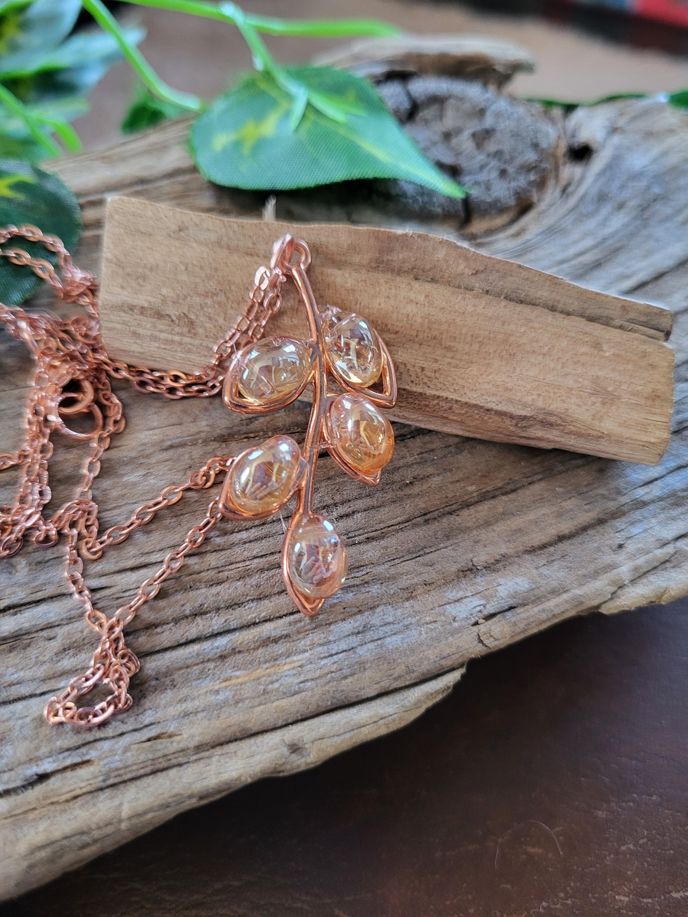 Rose Gold Leaf Branch With Crystals Pendant Necklace